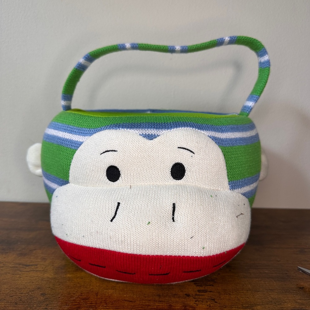 Dan Dee Sock Monkey Knit Easter Basket Plush Green Blue Striped Collector Choice